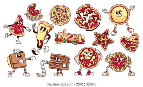 Groovy Pizza Aufkleber und Zeichentrickfiguren gesetzt. Lustige Retro-Lieferbox und Scheiben Persönlichkeiten, Pizza von Stern und Herzform. Fastfood-Maskottchen, Zeichentricksammlung aus den 70ern und 80ern, Vektorgrafik