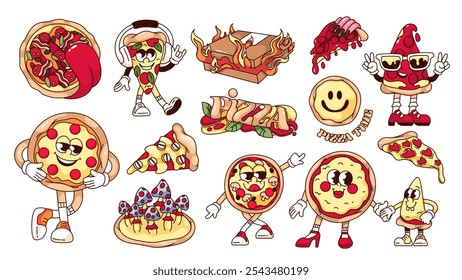 Groovy Pizza Aufkleber und Zeichentrickfiguren gesetzt. Lustige retro funky Pizza Persönlichkeiten, trippy Emoji und Typografie Labels. Fastfood-Maskottchen, Zeichentricksammlung im Stil der 70er und 80er Jahre, Vektorgrafik