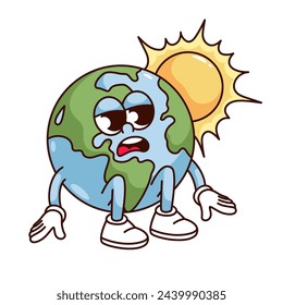 Groovy Planet Erde Cartoon Charakter unter heißer Sonne. Lustige Retro müde kranke Planet leidet unter heißen Temperatur, Hitze und Sonnenstich Maskottchen, Cartoon Aufkleber von 70er 80er Jahre Stil Vektor-Illustration