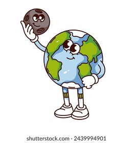 Groovy planet Earth cartoon character holding baby Moon. Funny retro globe of Earth with cute face, study of Solar system, astronomy mascot. Cartoon sticker of 70s 80s style vector illustration