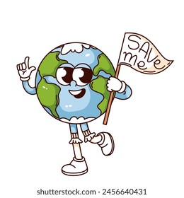 Groovy planet Earth cartoon character with Save me quote on white flag. Funny retro Earth globe walking with environmental message, ecology mascot, cartoon sticker of 70s 80s style vector illustration