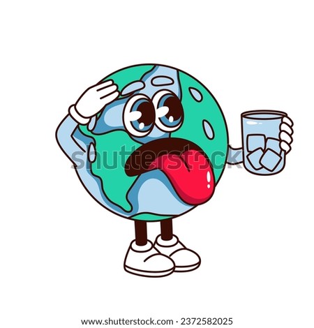 Groovy planet Earth character with thirst vector illustration. Cartoon isolated retro psychedelic sticker, planet mascot with exhaustion expression on face and tongue holding glass to drink water