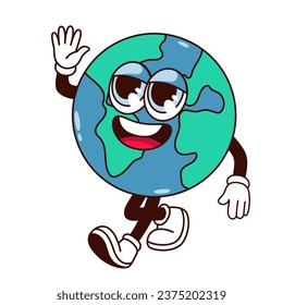 Groovy planet Earth character vector illustration. Cartoon isolated retro world globe sticker for Earth day, funky hippy mascot with arms and legs, psychedelic funny face on map walking and waving