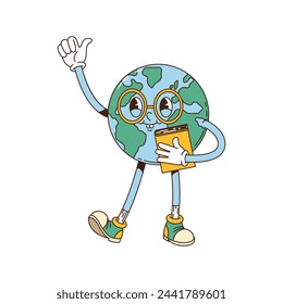 Groovy planet Earth cute cartoon character. Hippie cheerful solar system planet sticker, 60s happy Earth mascot or vintage cute isolated vector character. Groovy teacher or student funny personage
