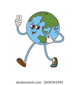 Groovy planet Earth funny cartoon character. Vintage happy solar system planet sticker or cute retro character or groovy cheerful Earth isolated vector mascot, hippie funny personage