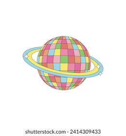 Groovy planet Saturn shape disco ball vector illustration isolated on white. Retro 60s 70s 80s space galaxy universe celestial print .