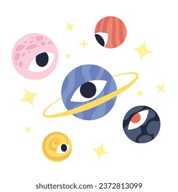 Groovy planets with eyeball 2D illustration concept. Trippy eye planets cosmic space isolated cartoon scene, white background. Cosmos vision. Psychedelic galaxy metaphor abstract flat vector graphic