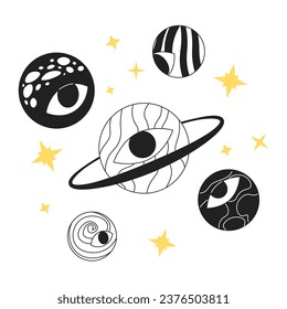 Groovy planets with eyeball black and white 2D illustration concept. Trippy eye planets cosmic space isolated cartoon outline scene. Cosmos vision. Psychedelic galaxy metaphor monochrome vector art