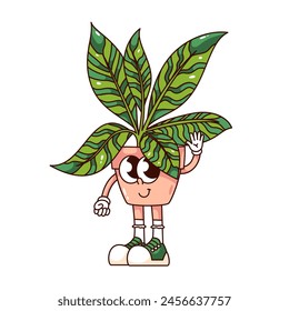 Groovy personaje de dibujos animados de la olla de la planta con saludo de la mano. Divertida planta retro en macetas de cómic saludando a amigos, mascota de jardín interior, pegatina de planta de casa de dibujos animados de los años 70 y 80 estilo Ilustración vectorial