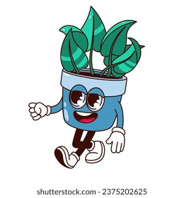 Groovy Pflanzenkopf, Vektorgrafik. Cartoon einzeln auf Retro-Blumenkissen mit süßem Gesichtslauf, lustiger psychedelischer Blumenmaskottchen mit grünem Blatt und Lächeln, Pflanze mit Armen und Beinen