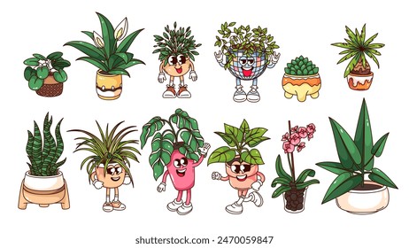 Las plantas de groovy de los personajes de dibujos animados de jardín casero y pegatinas conjunto. Divertidas flores y plantas felices retro, mascotas de plantas interiores y personajes de dibujos animados colección de estilo de los años 70 y 80 Ilustración vectorial