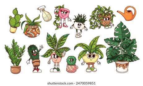 Las plantas de groovy de los personajes de dibujos animados de jardín casero y pegatinas conjunto. Cactus divertidos retro funky macetas y plantas tropicales cómicas, mascotas de plantas de casa de dibujos animados de los años 70 y 80 estilo de Ilustración vectorial