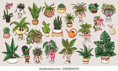 Groovy plants in pots cartoon characters and stickers set. Funny retro potted plants and gardening tools, home and office garden mascots cartoon collection of 70s 80s style vector illustration