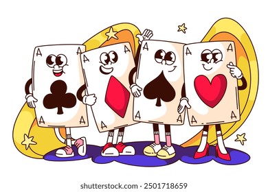 Groovy playing cards cartoon characters standing together. Funny retro four of kind personages of card deck. Poker, game mascot, cartoon gambling kit sticker of 70s 80s style vector illustration