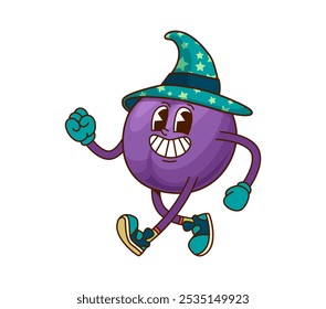 Groovy fruta de ameixa Halloween personagem assistente. Ameixa roxa madura mage mascote hippie engraçado, verão doce de frutas bruxo bonito ou feiticeiro feliz groovy vetor personagem ou personagem cômico no chapéu com estrelas