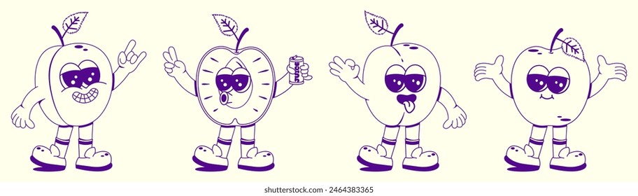 Groovy plum set. Funny vintage character in trendy retro linear style. Doodle Comic collection.