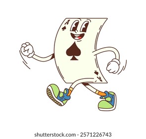 Groovy poker card ace, retro hippie cartoon character, vector funny emoji. Groovy ace card with spades and happy smile on funny face in hipster shoes for casino or poker gamble game funky character