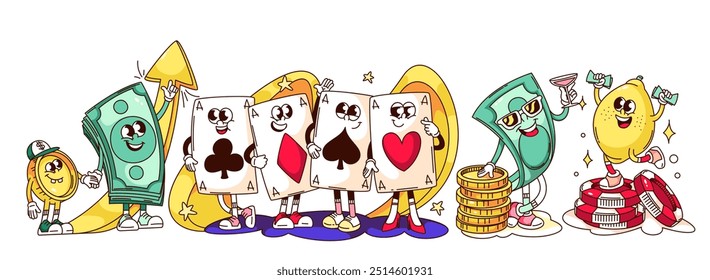 Groovy poker ganha personagens de desenhos animados definidos. Engraçado retro quatro personagens do tipo de deck de cartão de pôquer, dinheiro e pilha de fichas de casino. Mascotes de sorte, adesivos de desenhos animados de ilustração vetorial estilo anos 70 80