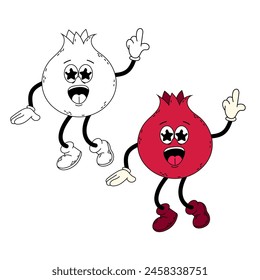Groovy pomegranate character. Pomegranate. Funny cartoon retro character pomegranate in flat and doodle style.