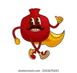 Groovy pomegranate fruta Halloween personagem bruxo. Mago de frutas tropicais suculento personagem vetor de desenhos animados feliz, feiticeiro de romã maduro ou mago isolado personagem groovy ou mascote sorridente feliz