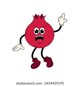 Groovy pomegranate. Funny cartoon trendy retro style fruit character. Ripe pomegranate in flat style. Doodle comic illustration.
