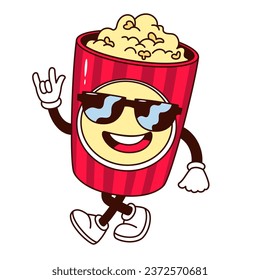 Groovy popcorn box Charakter Vektorgrafik. Cartoon einzeln auf Retro-Aufkleber mit Fastfood für Film, lustiges, funky Popcorn-Maskottchen mit Horngestüte und Sonnenbrille, Arme und Beine laufen