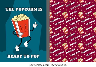 Groovy popcorn character for cinema package. Retro style illustration about snack food. Vintage illustration and movie seamless pattern