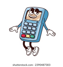 Groovy POS terminal character vector illustration. Cartoon isolated retro sticker of mobile machine for contactless payment, electronic Point of sale terminal mascot with smile on face, arms and legs