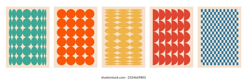 Groovy poster 70s with abstract geometric shapes of circles, waves, bright psychedelic patterns. Naive playful abstract shapes backgrounds. Swiss design aesthetic.