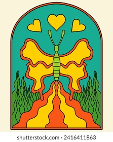 Groovy poster 70s. Cartoon psychedelic landscape. Vector illustration