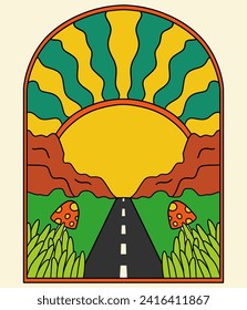 Groovy poster 70s. Cartoon psychedelic landscape. Vector illustration