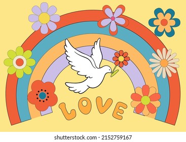 Groovy Poster 70s With Dove Of Peace. Retro Print With Hippie Elements. Cartoon Psychedelic Landscape With Hippy Flowers Daisy, Rainbow And Love
