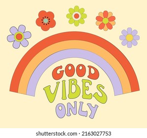 Groovy poster 70s with rainbow and flowers daisy. Retro print with hippie elements. Cartoon vector illustration with lettering Good vibes only