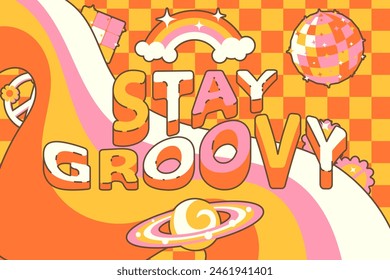 Groovy poster in 70s style with rainbow, planet, cassette, glasses, disco ball. Bright horizontal background with text "stay groovy", color, outline, light 