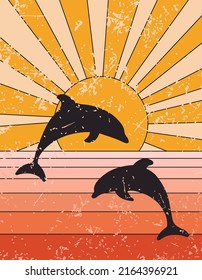 Groovy poster 70s style with sun and dolphins. Retro print with grange texture. Vector illustration with sunshine and sea