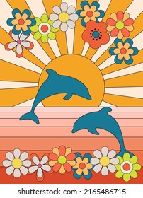 Groovy Poster 70er Jahre Stil mit Sonne und Delfine. Retro Druck mit Blumen Gänseblümchen. Vektorgrafik mit Sonne und Meer