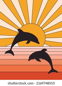 Groovy poster 70s style with sun and dolphins. Retro print. Vector illustration with sunshine and sea