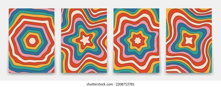Afiche de Groovy años 70 con olas de rayos. Resumen de formas geométricas de hexágono y estrellas, patrones psicodélicos brillantes. Establecer fondos con textura gruesa