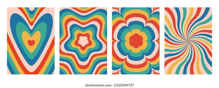 Afiche groovy de los años 70 con olas de rayos, flores, formas geométricas de hexágono y estrellas, patrones psicodélicos brillantes. Conjunto de vectores de fondos abstractos