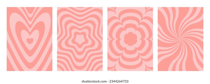 Groovy poster 70s with waves of rays, flowers, geometric shapes of hexagon and stars, pink psychedelic patterns. Vector Set of abstract backgrounds