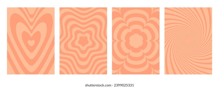 Afiche Groovy de los años 70 con olas de rayos solares, flores, formas geométricas de hexágono y estrellas, patrones psicodélicos brillantes. Conjunto vectorial de fondo abstracto en color rosa pastel moderno