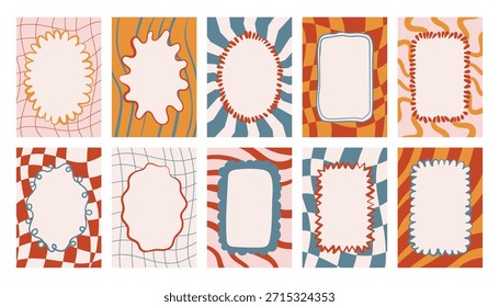 Groovy poster collection featuring checker patterns, stripes and flowing waves with whimsical hand drawn frames. Retro trippy look perfect for modern decor, branding, prints.