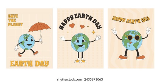 Groovy poster Save the planet with character globe. Earth day retro banners with mascot set. Template for holiday and ecology graphic design. Vector illustration.