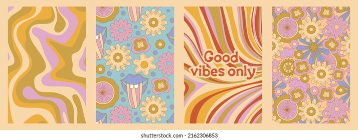 Groovy poster set in cartoon style with slogan and flower daisy. Groovy flower background. Retro 60s 70s psychedelic design. Abstract hippie illustration