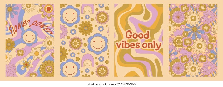 Groovy Poster Set In Cartoon Style With Slogan And Flower Daisy. Groovy Flower Background. Retro 60s 70s Psychedelic Design. Abstract Hippie Illustration