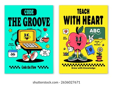 A groovy poster set with a funky laptop and a wise apple – perfect for classrooms, dev spaces, or anyone who grooves with code, learning, and creative energy. Vector illustration