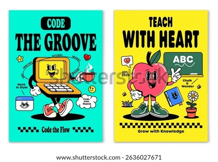 A groovy poster set with a funky laptop and a wise apple – perfect for classrooms, dev spaces, or anyone who grooves with code, learning, and creative energy. Vector illustration