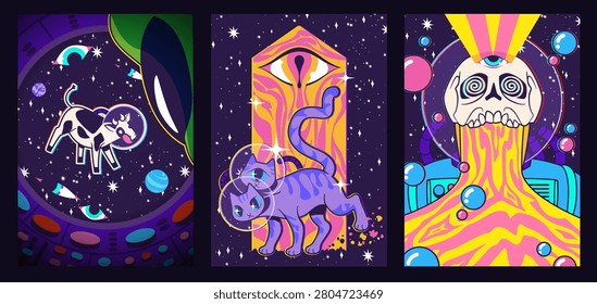 Groovy poster set with psychedelic retro design. Vector illustration of vintage banners with cat and cow in space helmet, alien ufo, eyes, crazy skull on space starry background, creative y2k pattern