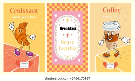 Groovy poster set vintage coffee mug, croissant characters on funky orange artwork print. Trippy sweet treat mascots on poster set. Mascot hippie style dessert on vibrant multicolor backdrops. Stylish