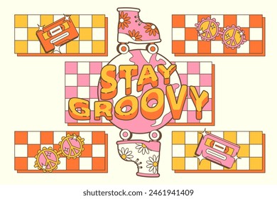 Groovy poster in the style of the 70s with a chessboard, a planet, rollerblades, cassettes and glasses. Bright horizontal background with text "stay groovy", color, outline, light 